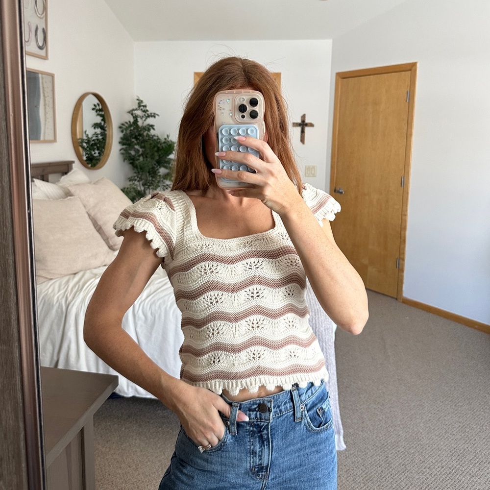 Jessica Simpson Cream and Brown Ruffle Tank Top